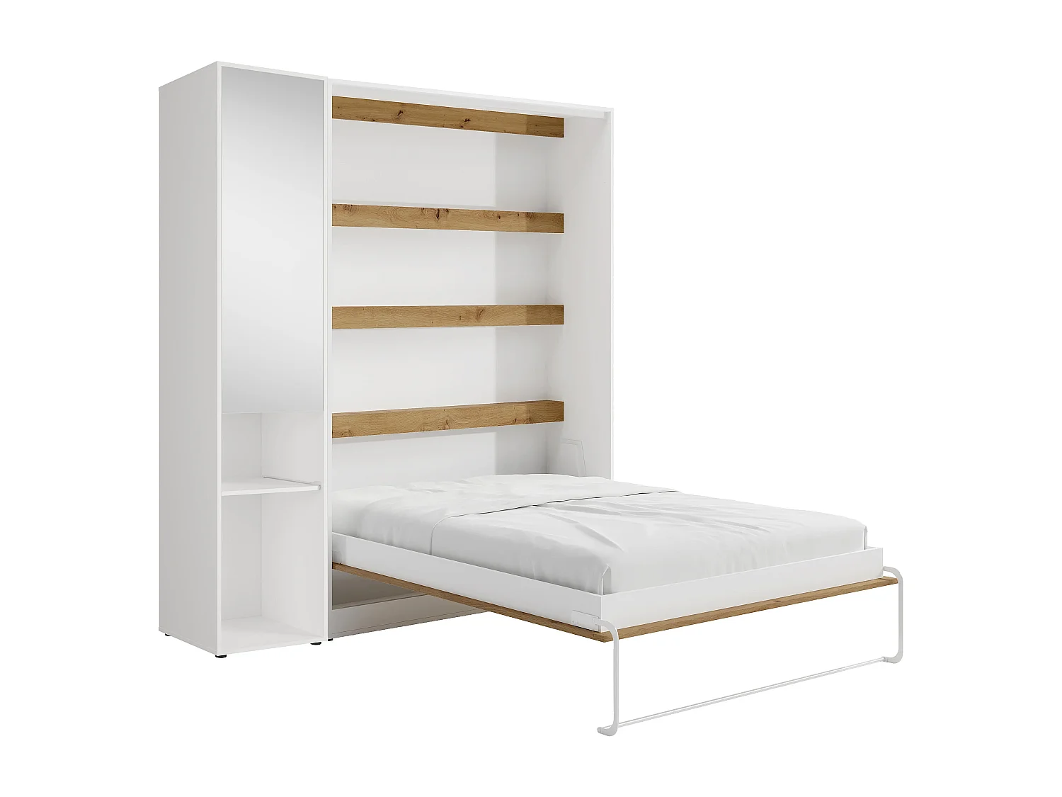 Lit escamotable vertical 140 x 200 cm - 1 colonne de rangement - Avec miroir et LEDs - Blanc et naturel + Matelas - RAPILI