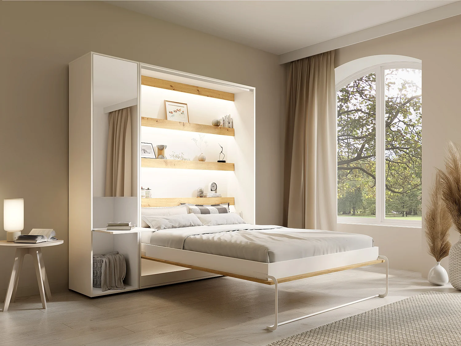 Lit escamotable vertical 140 x 200 cm - 1 colonne de rangement - Avec miroir et LEDs - Blanc et naturel + Matelas - RAPILI