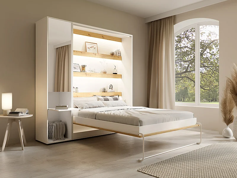 Lit escamotable vertical 140 x 200 cm - 1 colonne de rangement - Avec miroir et LEDs - Blanc et naturel + Matelas - RAPILI