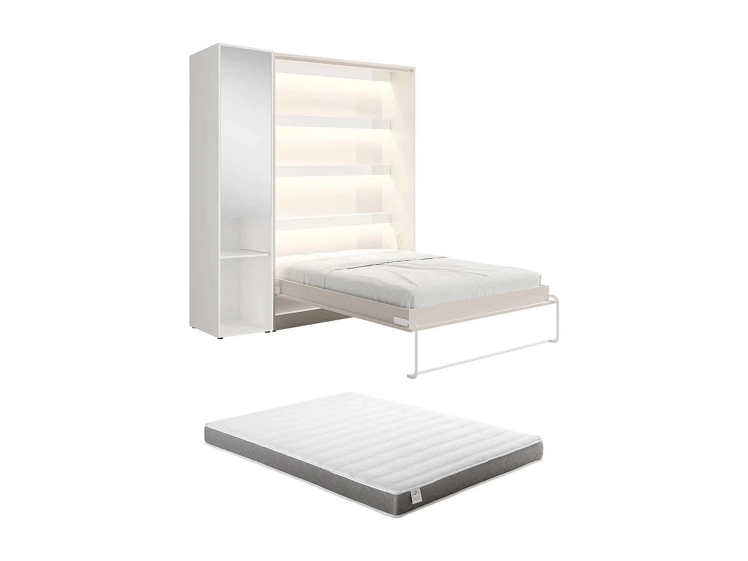 Lit escamotable vertical 140 x 200 cm - 1 colonne de rangement - Avec miroir et LEDs - Beige + Matelas - RAPILI