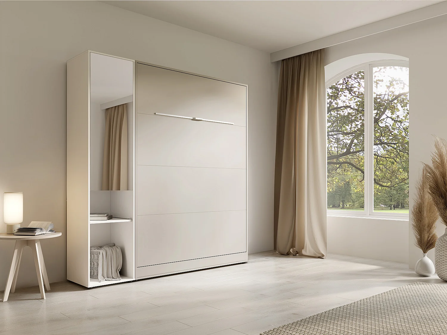 Lit escamotable vertical 140 x 200 cm - 1 colonne de rangement - Avec miroir et LEDs - Beige + Matelas - RAPILI