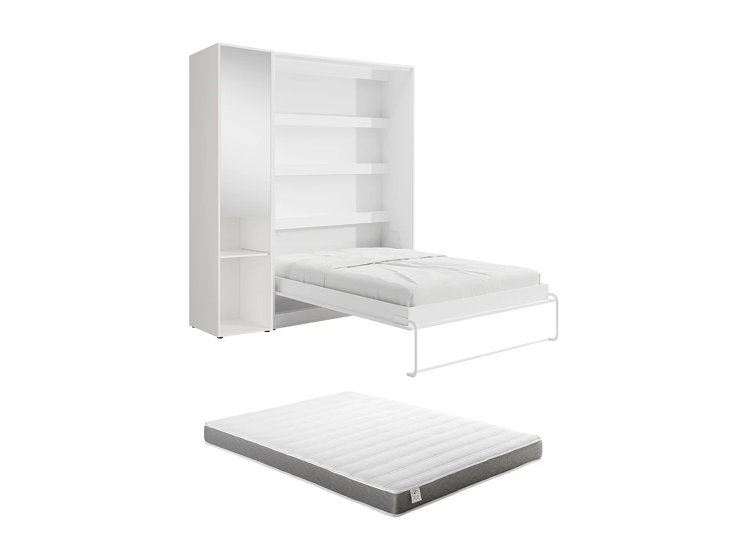 Lit escamotable vertical 160 x 200 cm - 1 colonne de rangement - Avec miroir et LEDs - Blanc + Matelas - RAPILI