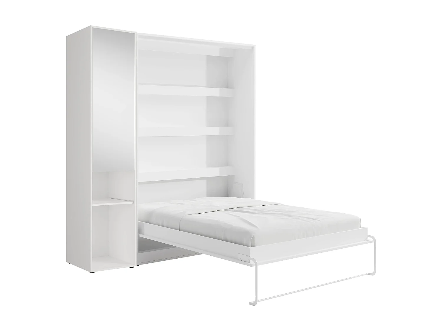 Lit escamotable vertical 160 x 200 cm - 1 colonne de rangement - Avec miroir et LEDs - Blanc + Matelas - RAPILI