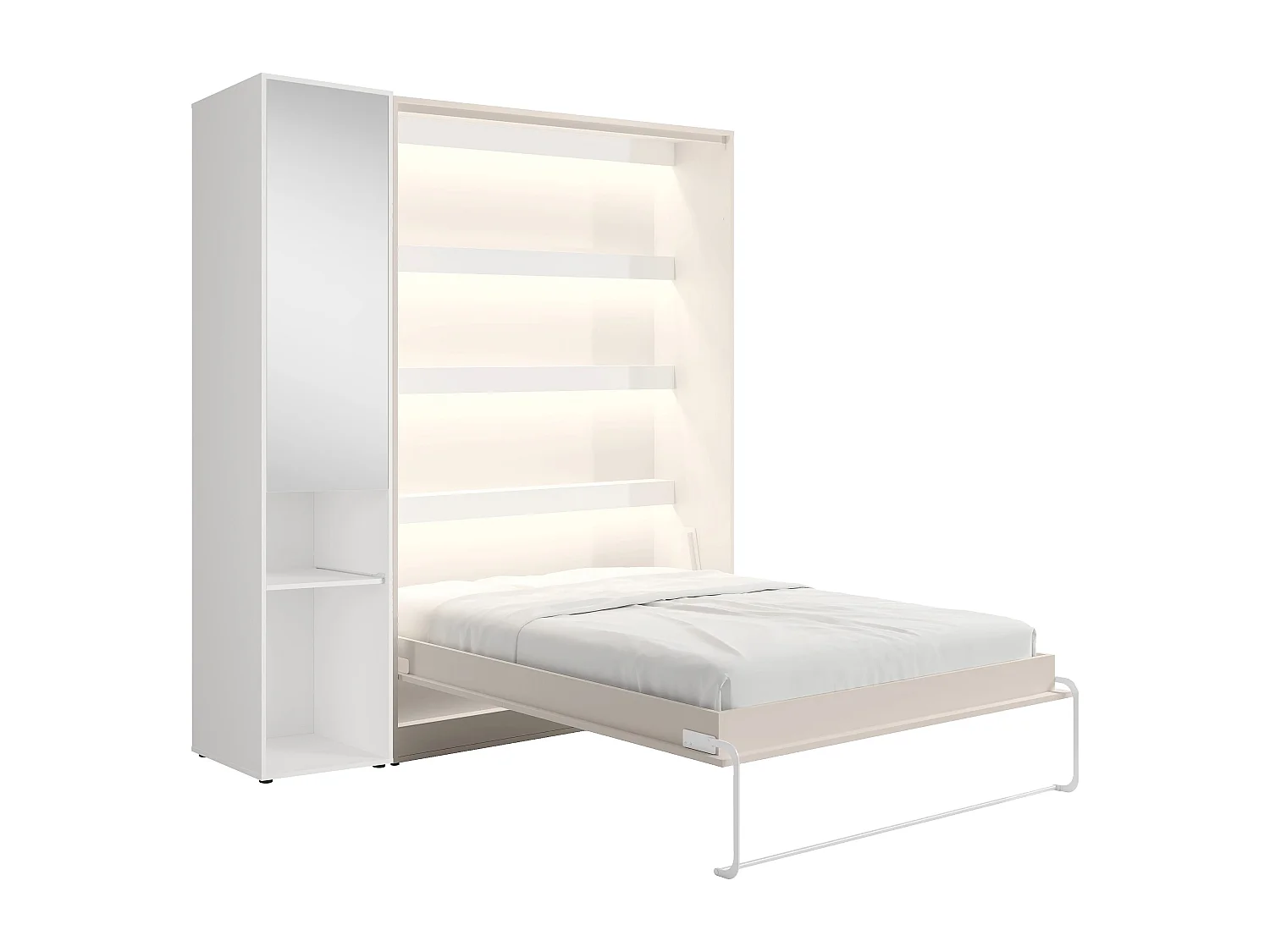 Lit escamotable vertical 160 x 200 cm - 1 colonne de rangement - Avec miroir et LEDs - Beige + Matelas - RAPILI