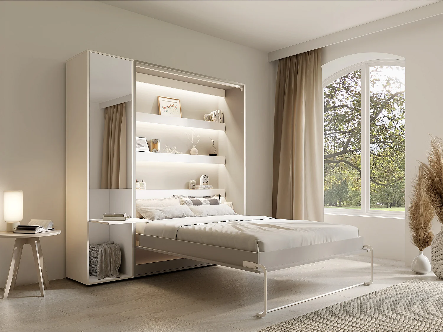 Lit escamotable vertical 160 x 200 cm - 1 colonne de rangement - Avec miroir et LEDs - Beige + Matelas - RAPILI