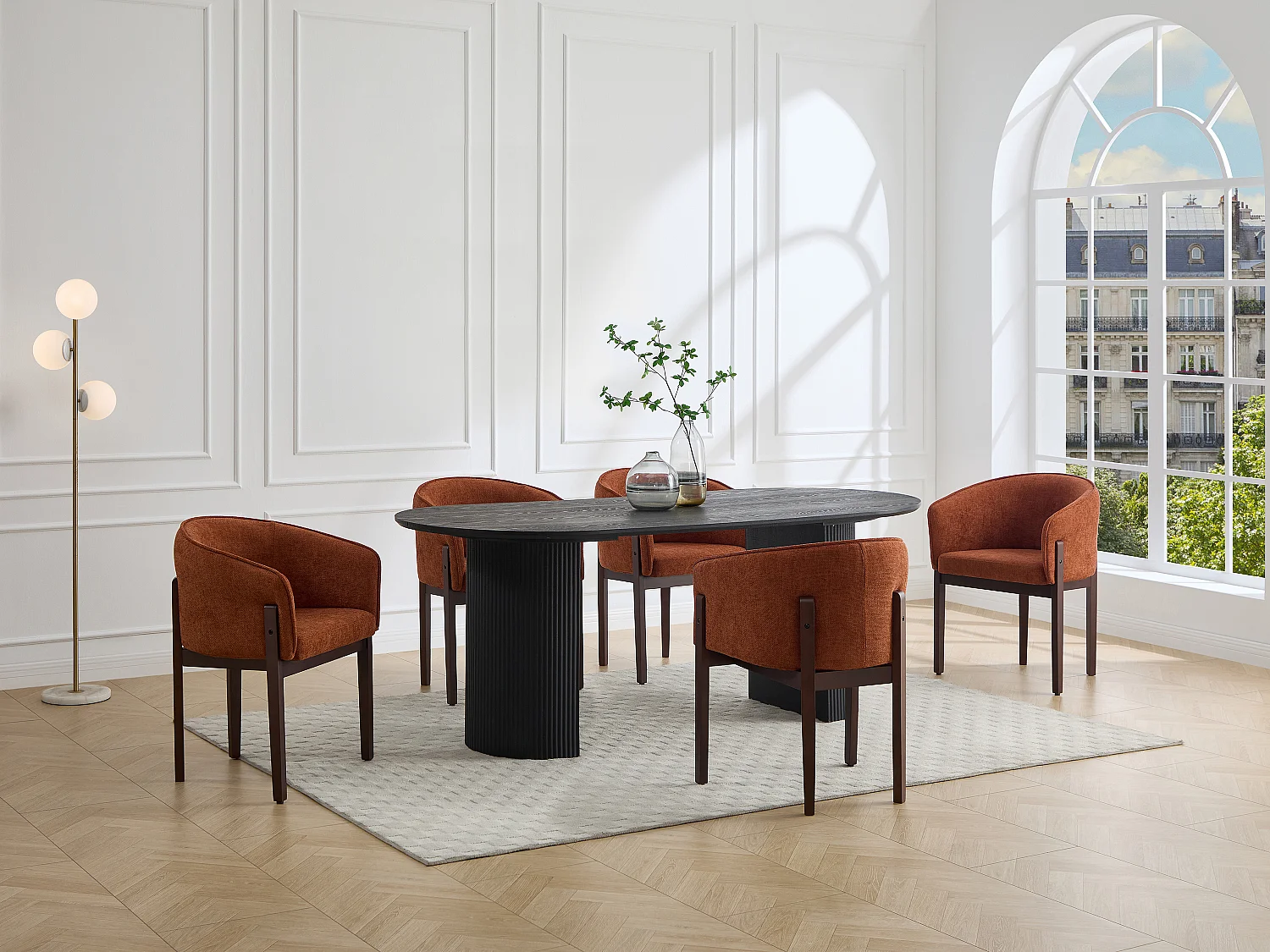 Lot de 6 chaises en tissu texturé et bois d'hévéa naturel foncé - Terracotta - LYLABA