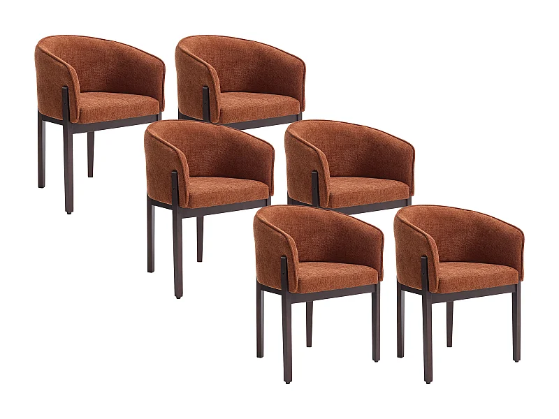 Lot de 6 chaises en tissu texturé et bois d'hévéa naturel foncé - Terracotta - LYLABA
