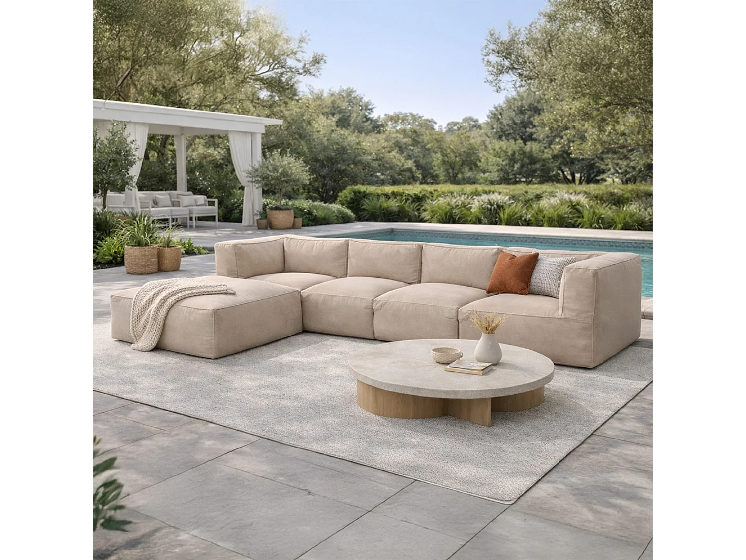 Salon de jardin modulable 5 places beige en tissu déperlant PRAIANO