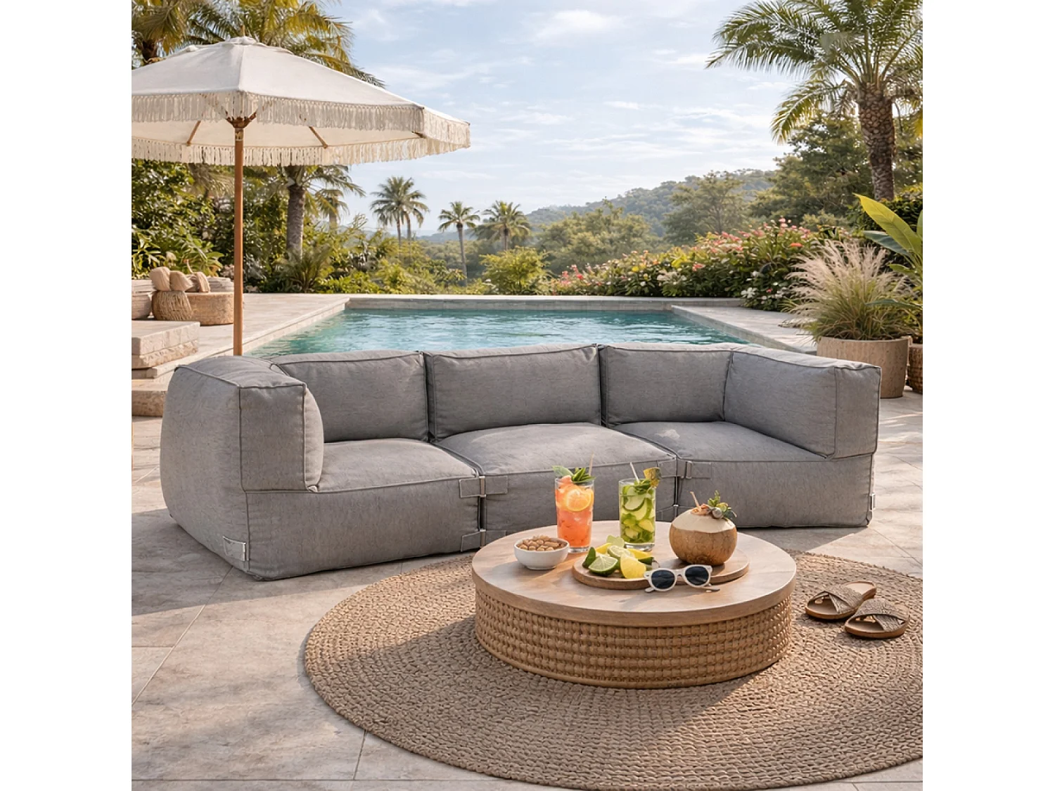 Salon de jardin modulable 3 places gris en tissu déperlant PRAIANO