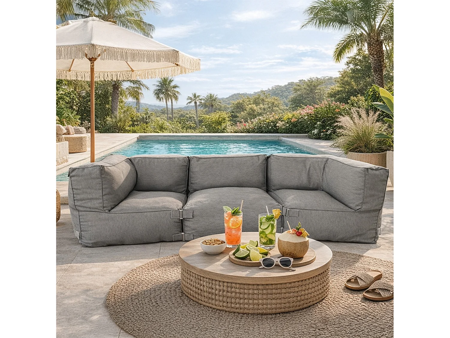 Salon de jardin modulable 3 places gris en tissu déperlant PRAIANO