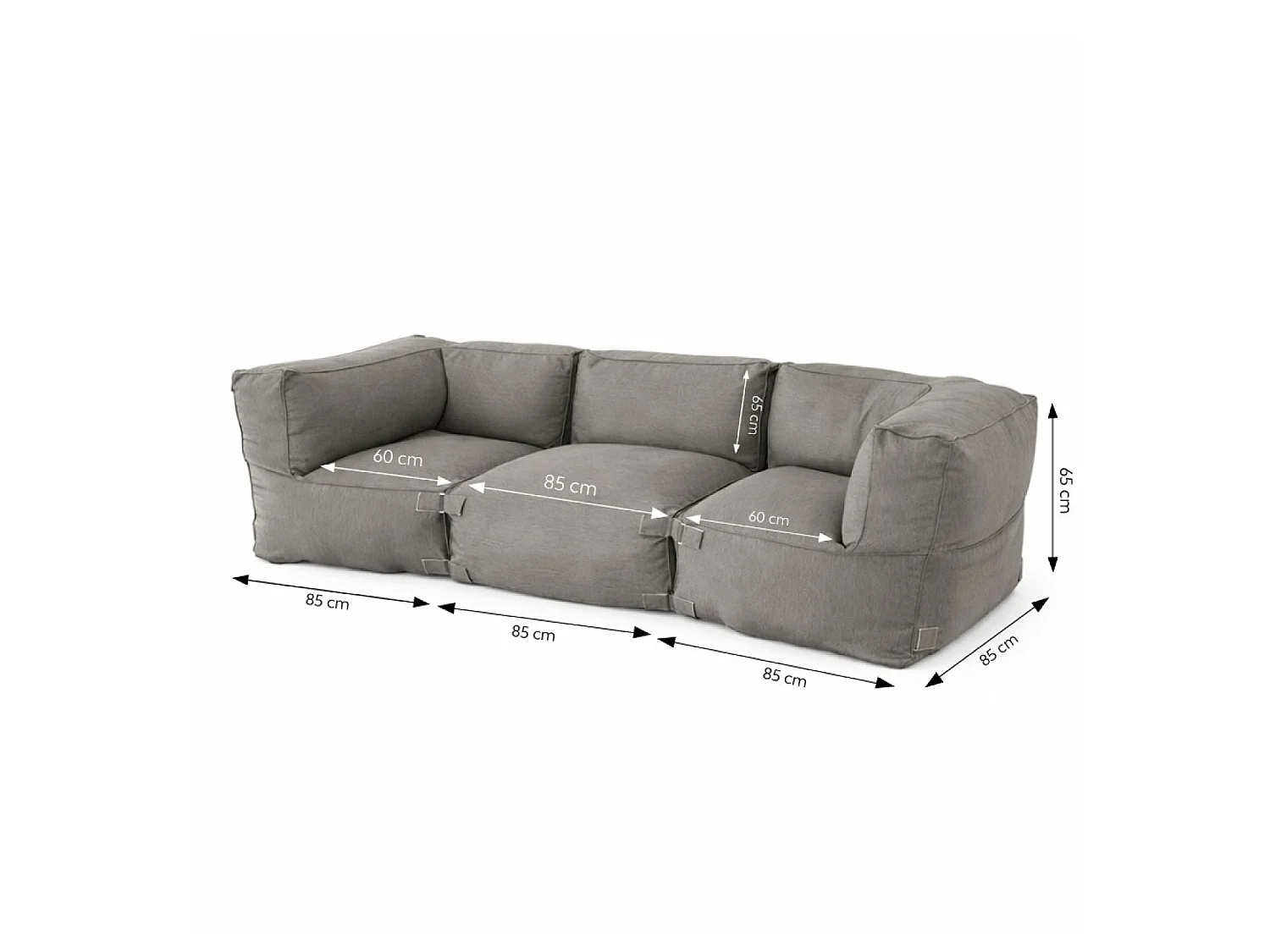 Salon de jardin modulable 3 places gris en tissu déperlant PRAIANO