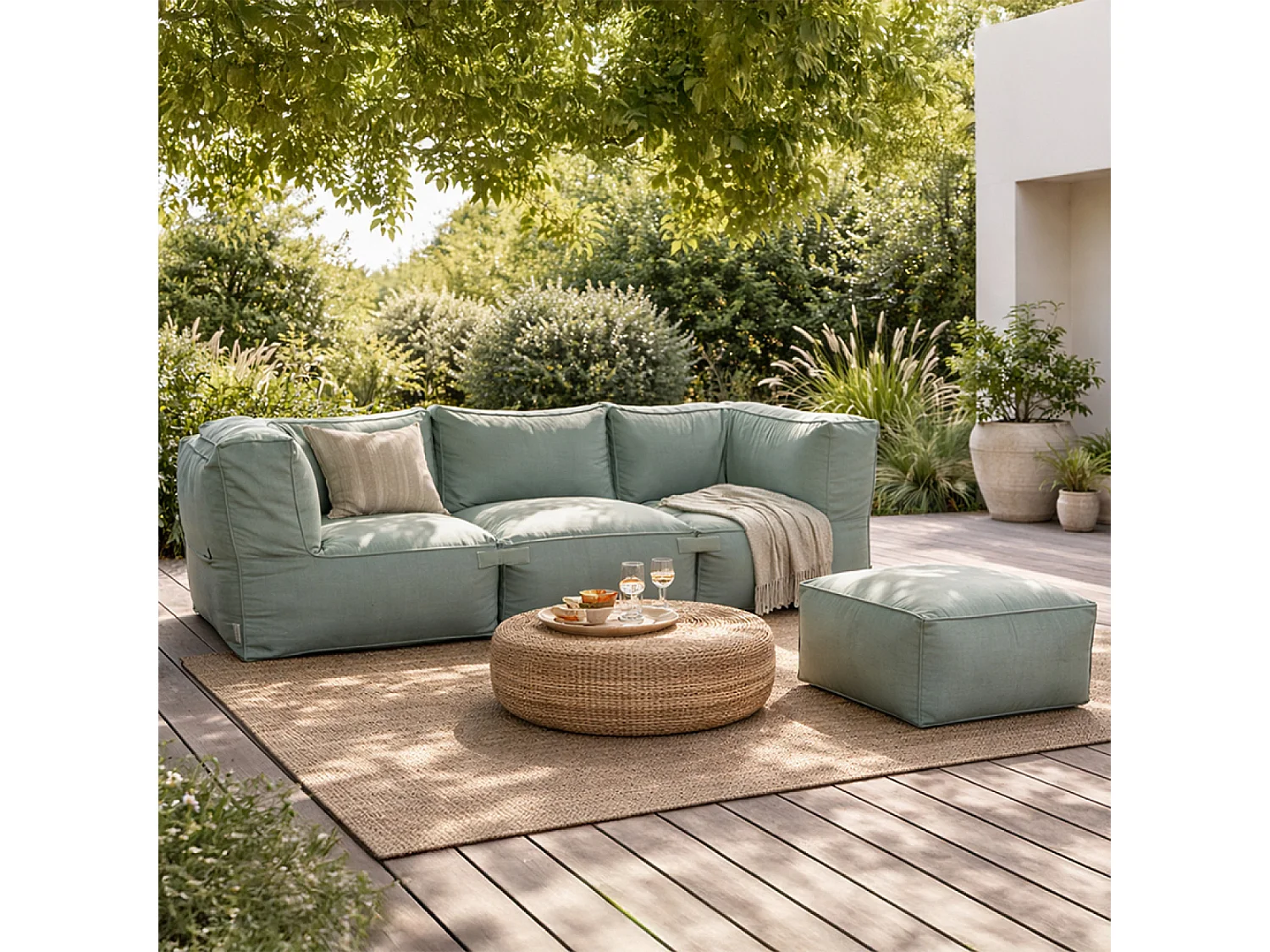 Salon de jardin modulable 4 places vert en tissu déperlant PRAIANO