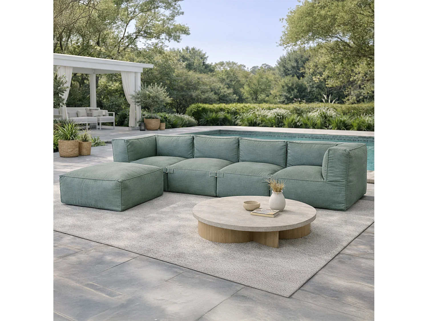 Salon de jardin modulable 5 places vert en tissu déperlant PRAIANO