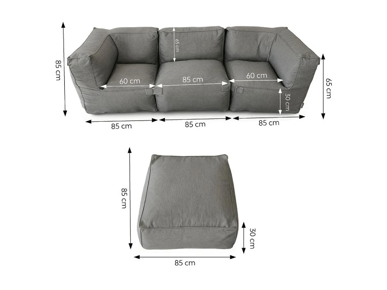 Salon de jardin modulable 4 places gris en tissu déperlant PRAIANO