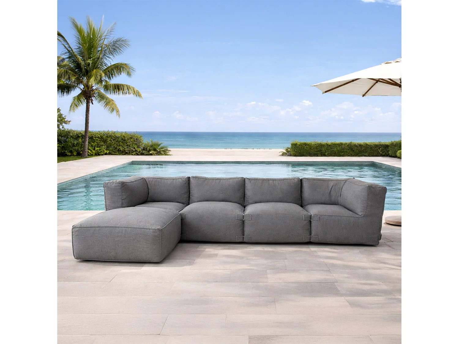 Salon de jardin modulable 5 places gris en tissu déperlant PRAIANO