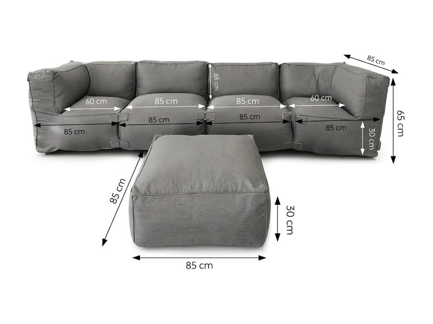 Salon de jardin modulable 5 places gris en tissu déperlant PRAIANO