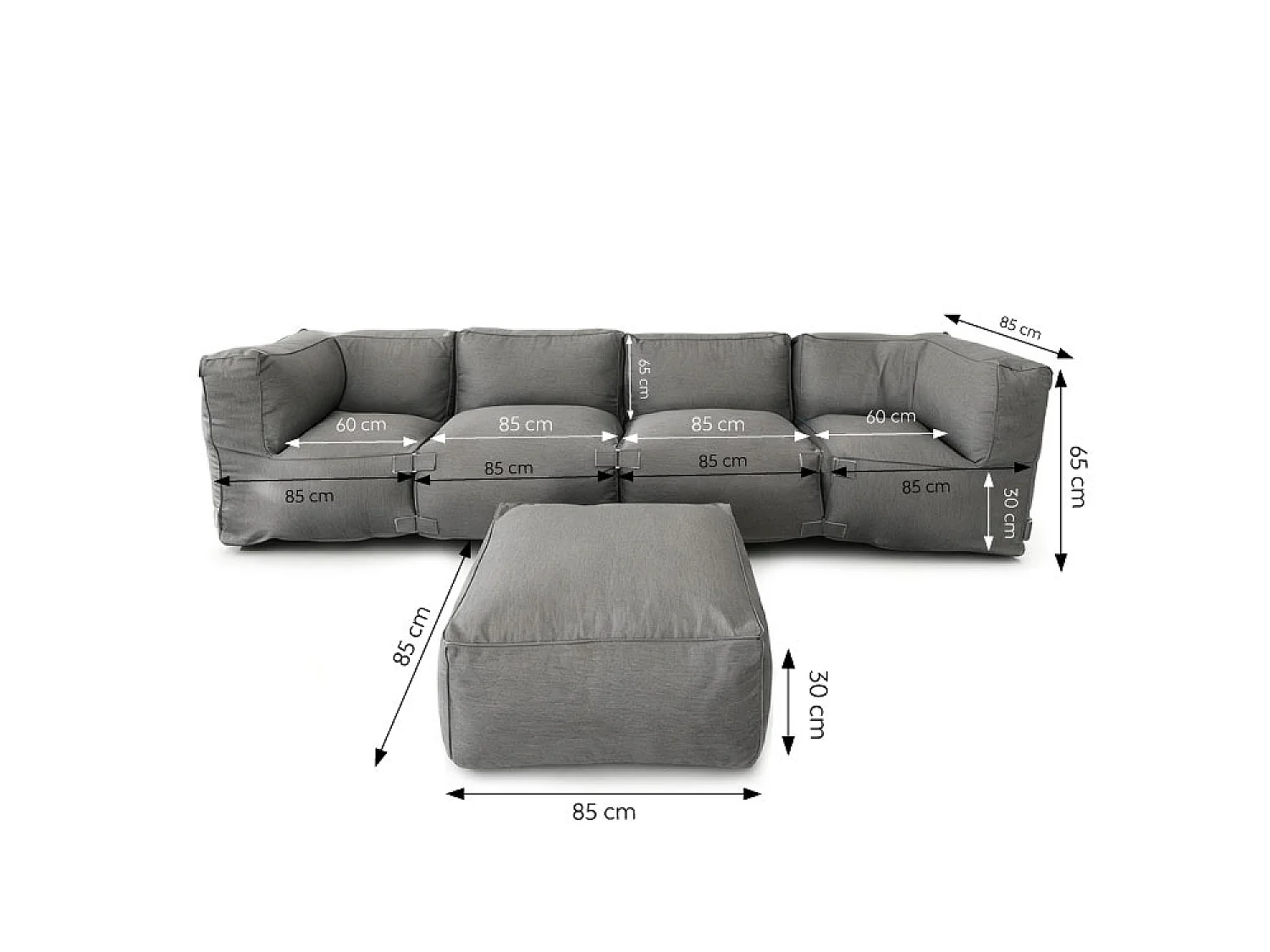 Salon de jardin modulable 5 places gris en tissu déperlant PRAIANO