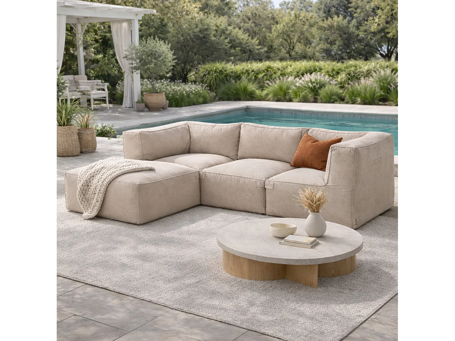 Salon de jardin modulable 4 places beige en tissu déperlant PRAIANO