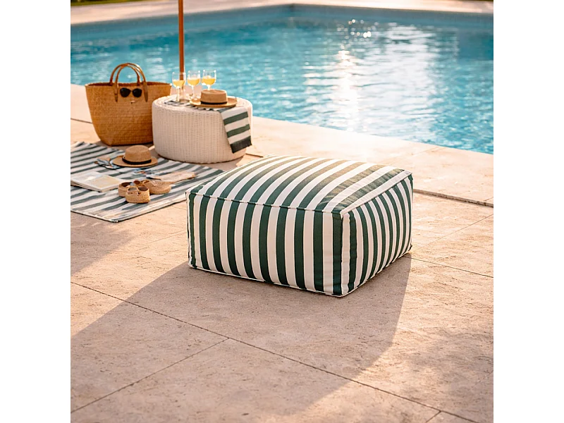 Pouf exterieur rayé vert déperlant 55x65x35 cm POSITANO
