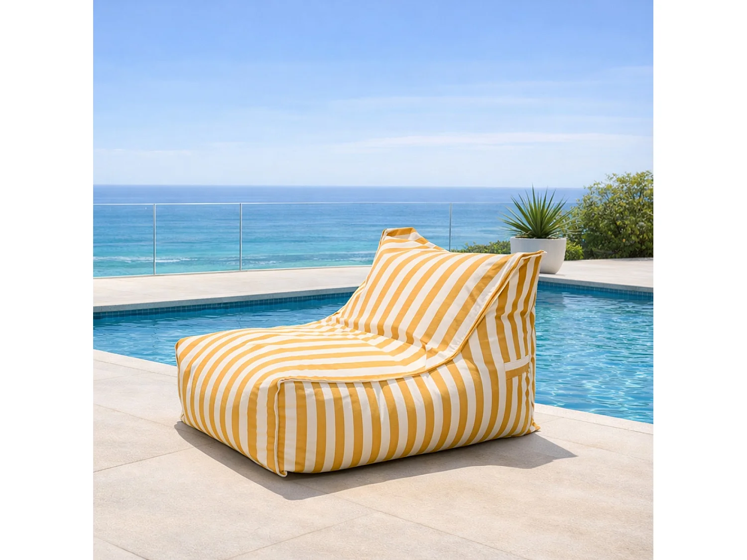 Pouf d’extérieur rayé jaune déperlant et – 100x65x65 cm POSITANO