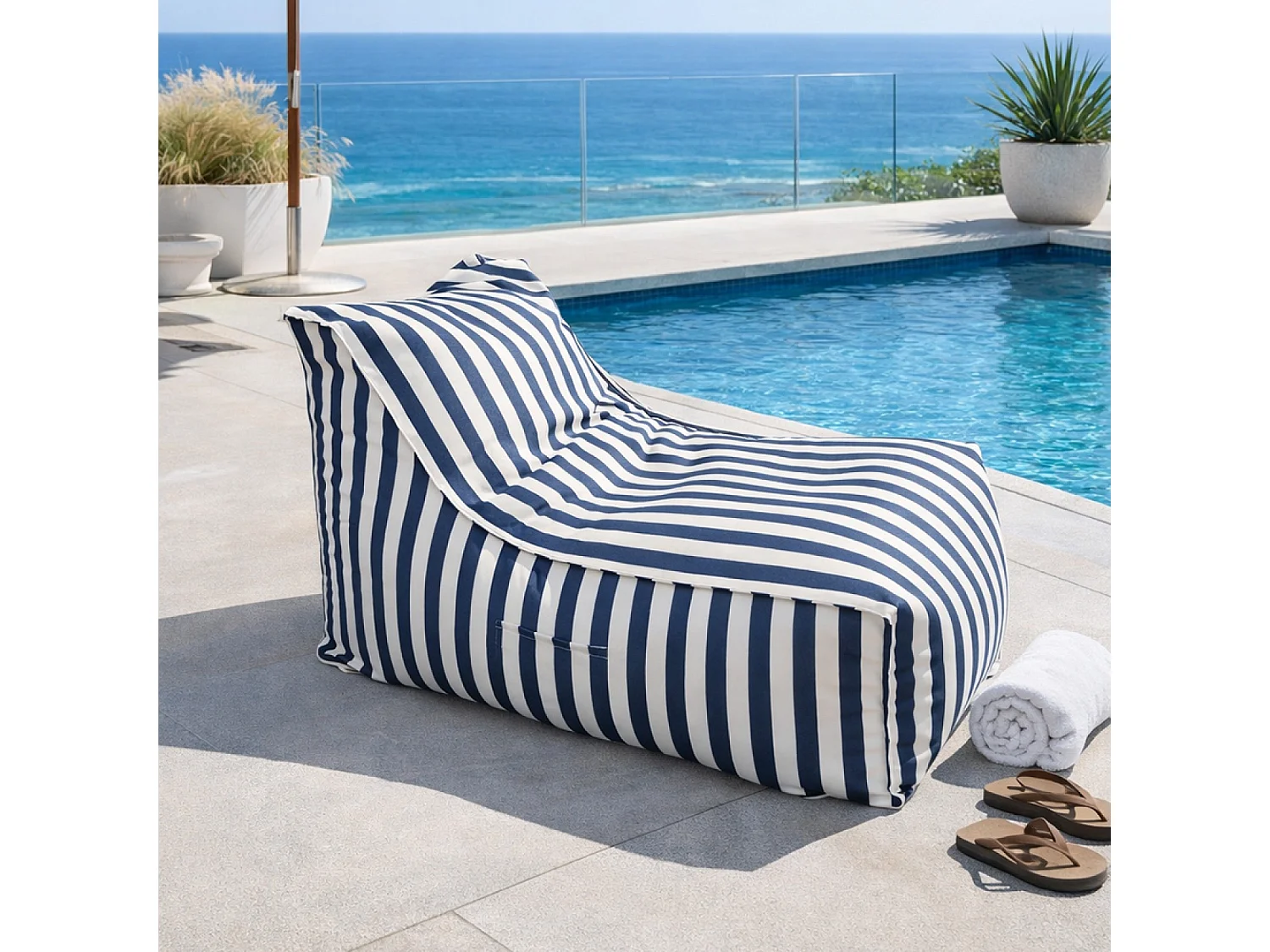 Pouf exterieur rayé bleu déperlant 100x65x65 cm POSITANO