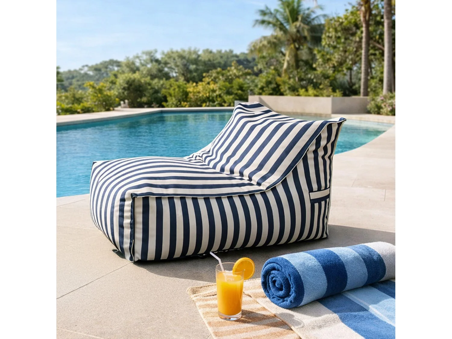 Pouf exterieur rayé bleu déperlant 100x65x65 cm POSITANO