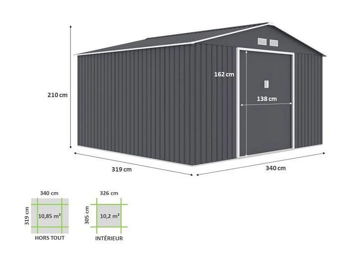 Abri de jardin en metal 10,78 m2 - Kit dancrage inclus - Gris anthracite