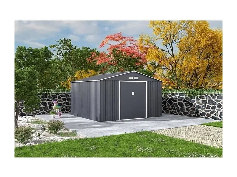 Abri de jardin en metal 10,78 m2 - Kit dancrage inclus - Gris anthracite