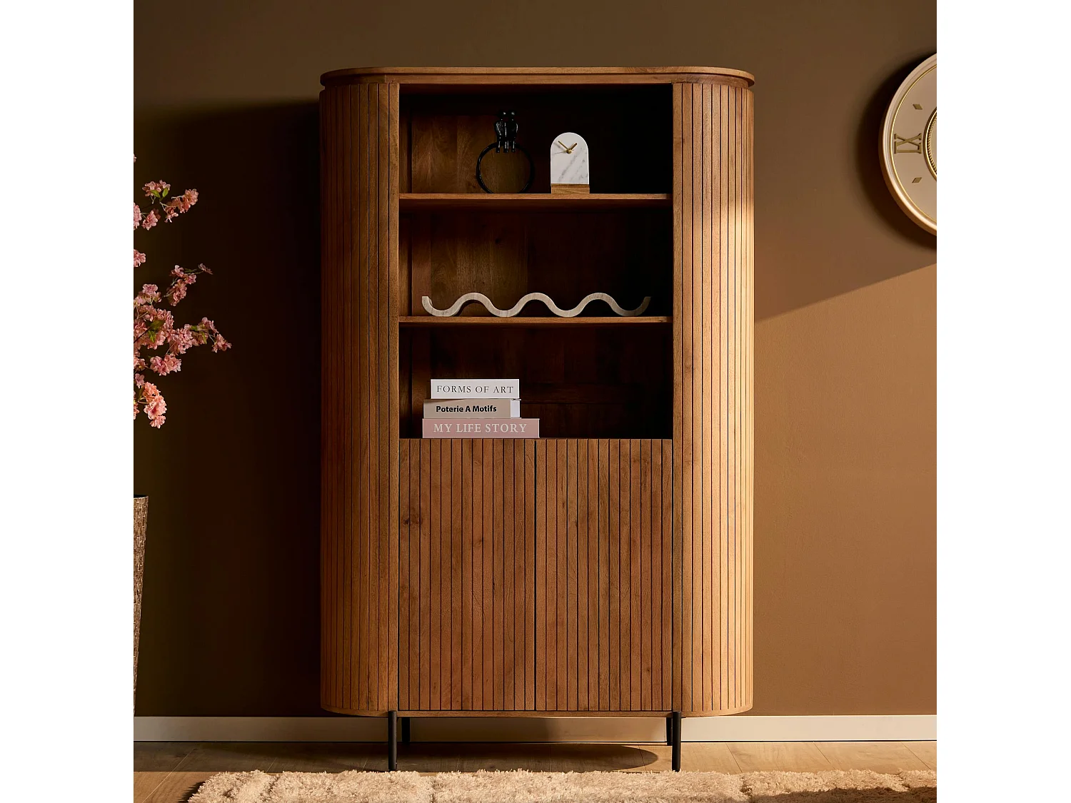 Bibliothèque haute bois rainuré avec rangement CALERO