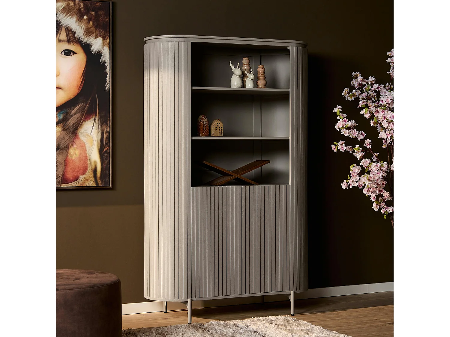 Bibliothèque haute bois gris rainuré avec rangement CALERO