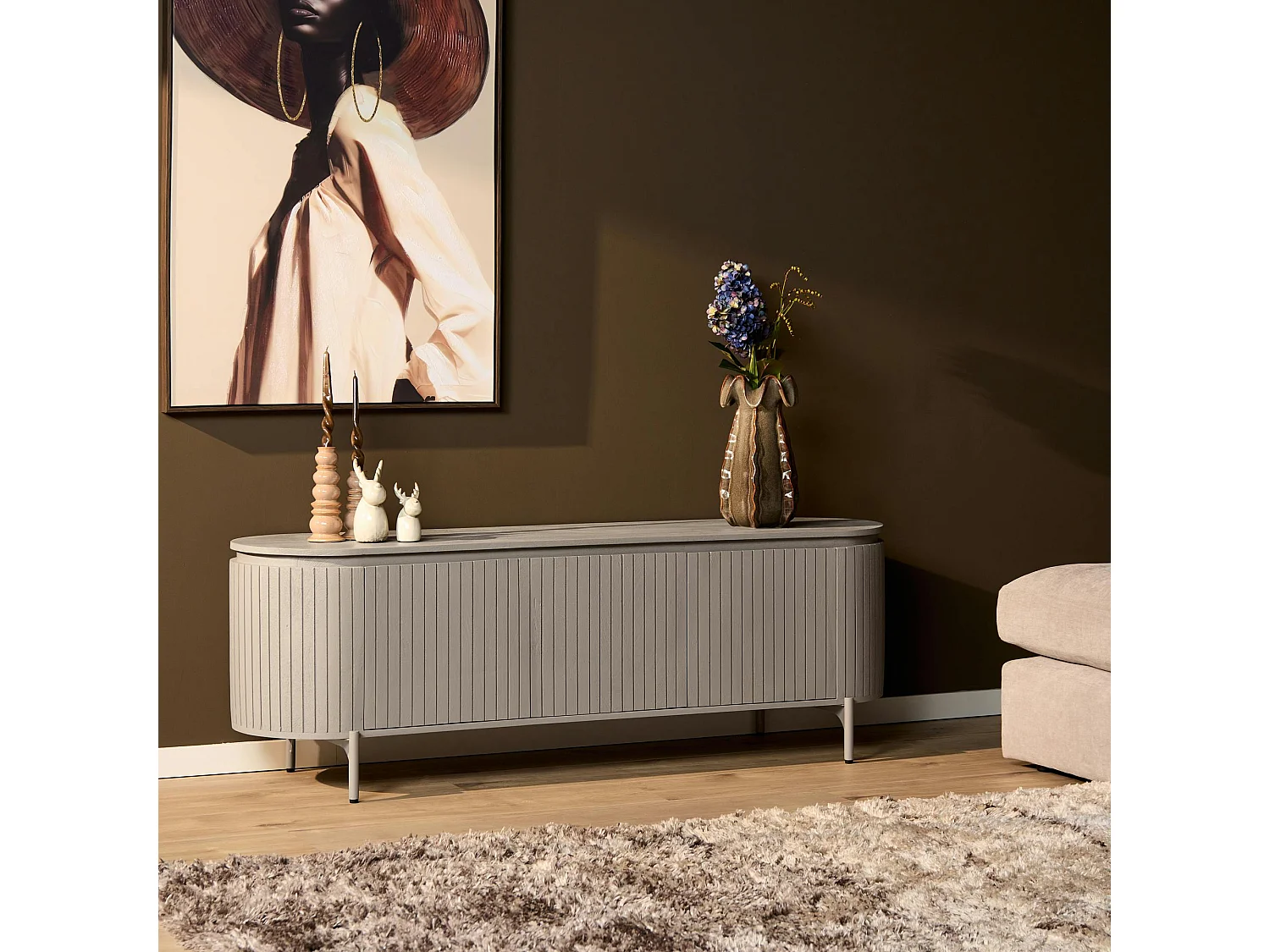 Meuble TV bois gris rainuré ovale 3 portes CALERO