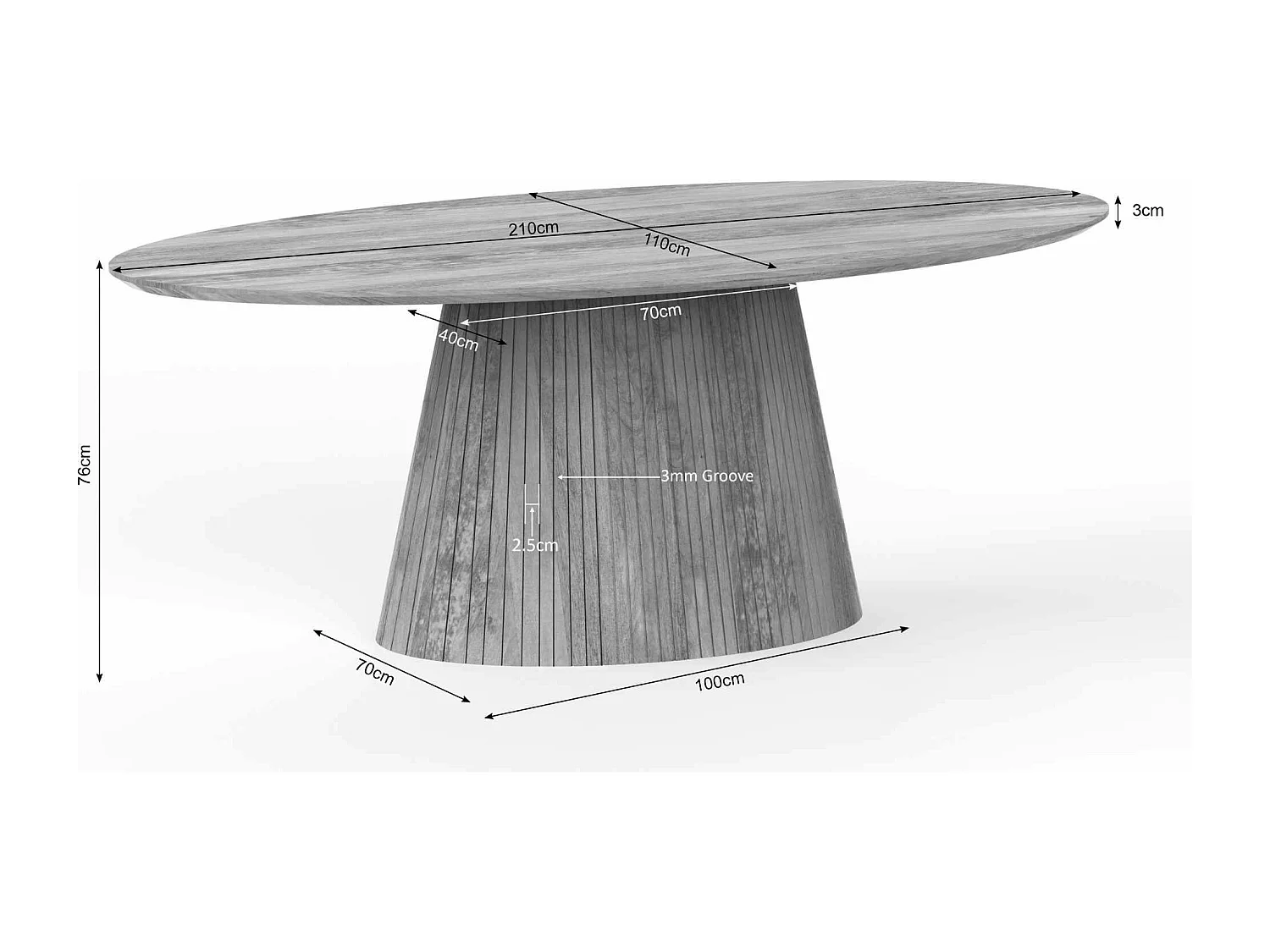 Table ovale bois gris à pied rainuré 210 cm CALERO