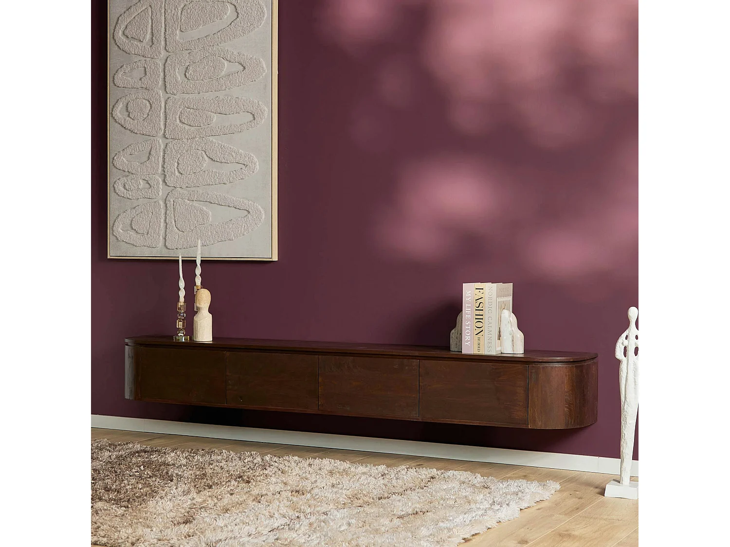 Long meuble TV suspendu bois foncé 240 cm AREZZO