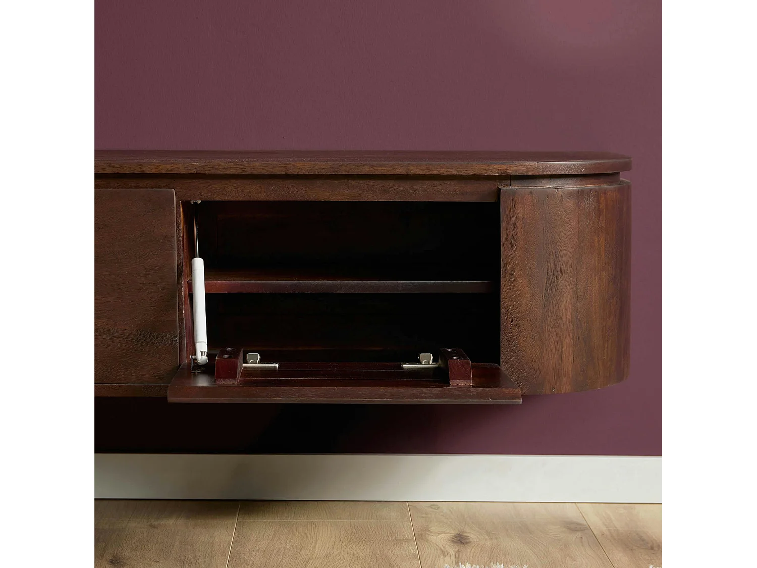 Long meuble TV suspendu bois foncé 240 cm AREZZO