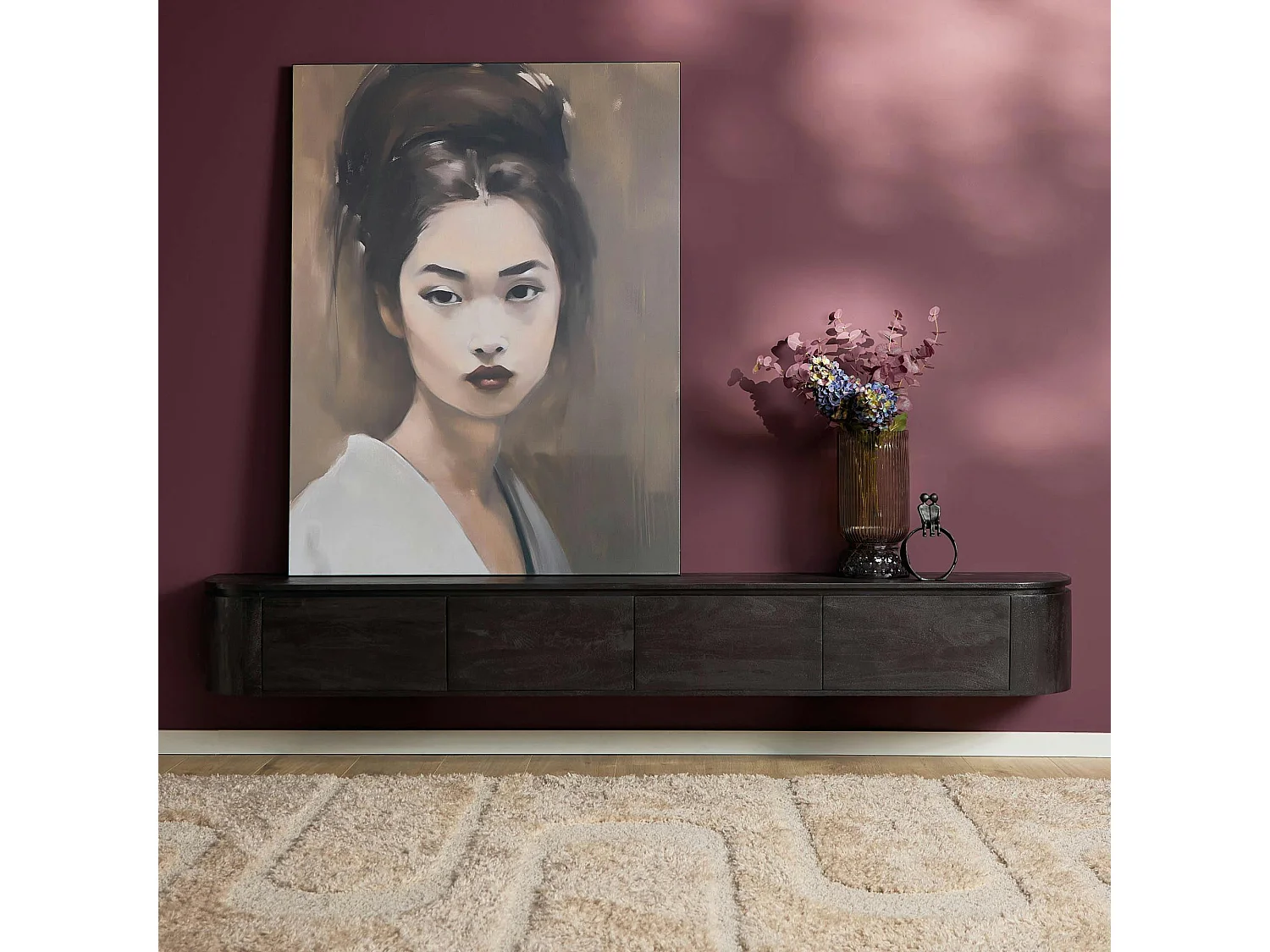 Long meuble TV suspendu bois noir 240 cm AREZZO