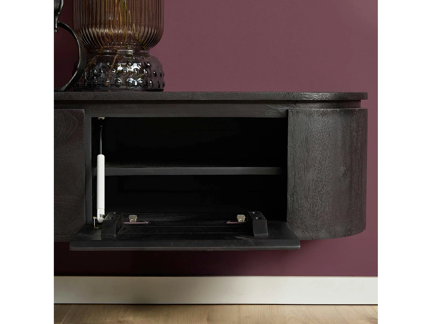 Long meuble TV suspendu bois noir 240 cm AREZZO