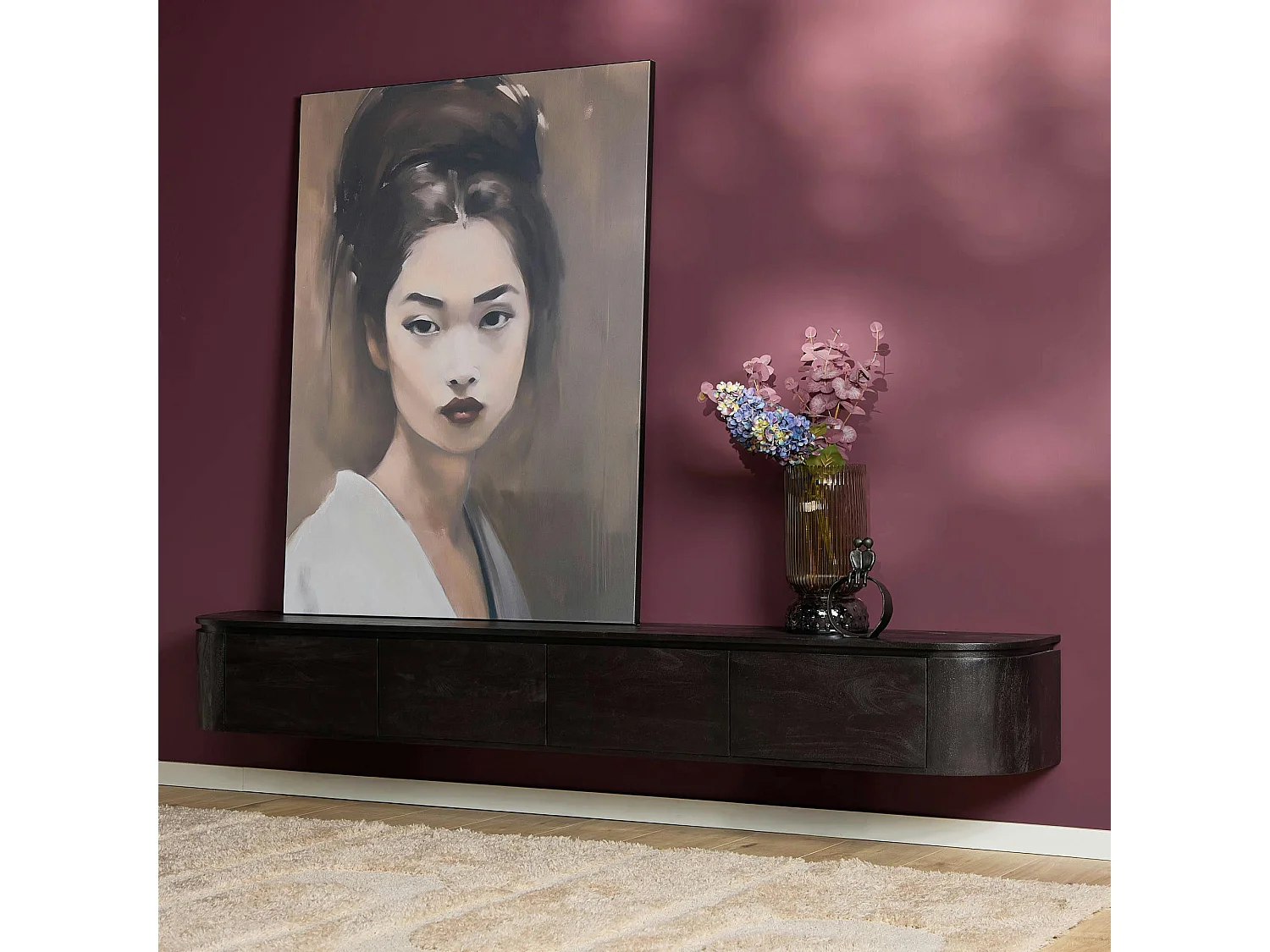 Long meuble TV suspendu bois noir 240 cm AREZZO