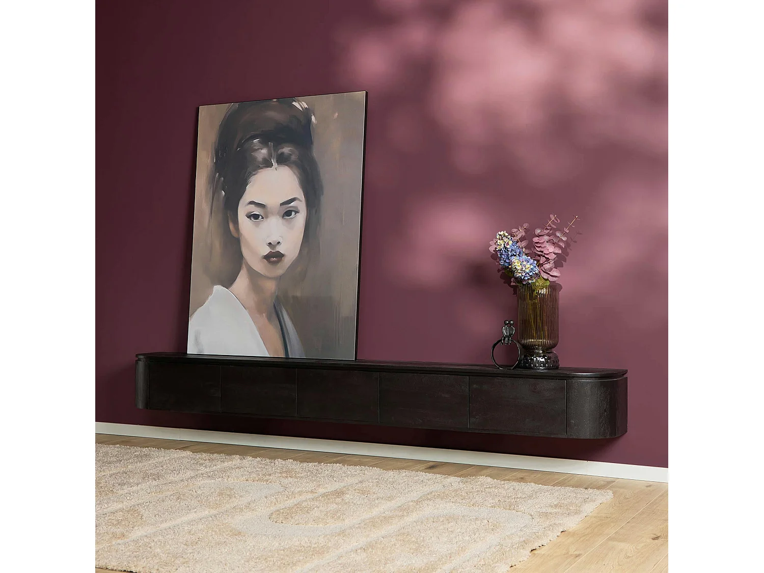 Long meuble TV suspendu bois noir 280 cm AREZZO
