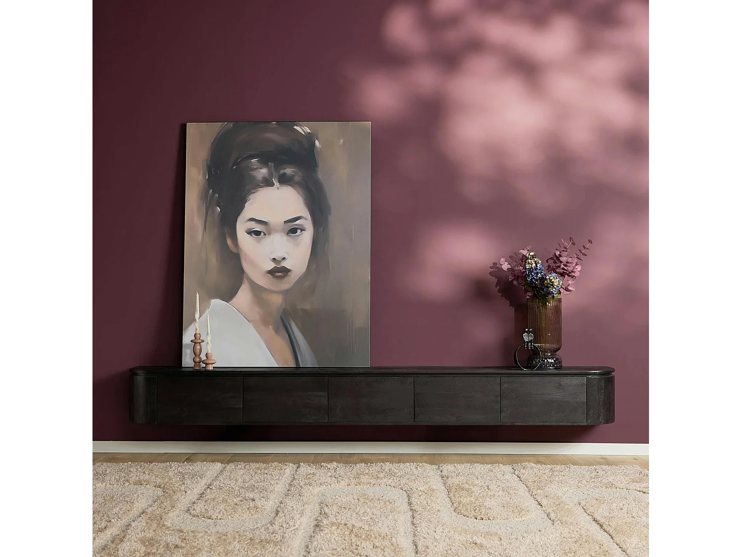 Long meuble TV suspendu bois noir 280 cm AREZZO
