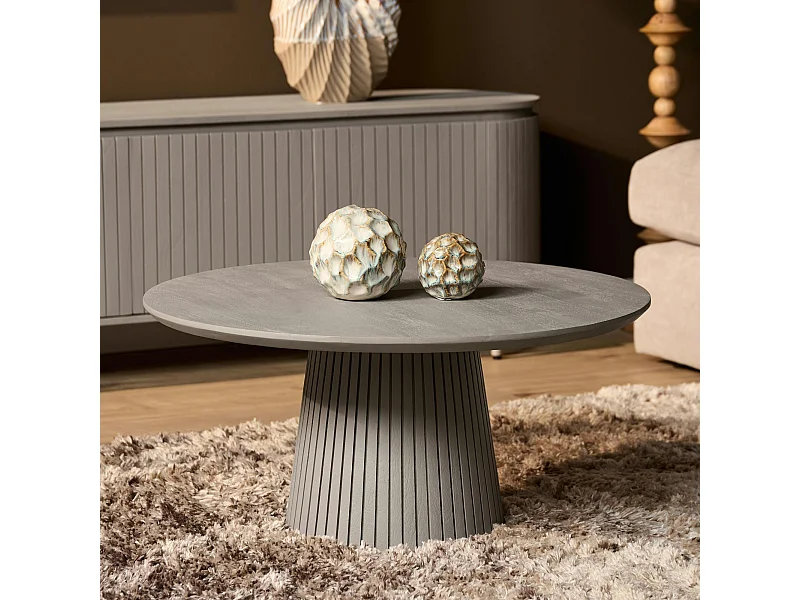 Table basse ronde bois gris à pied rainuré CALERO