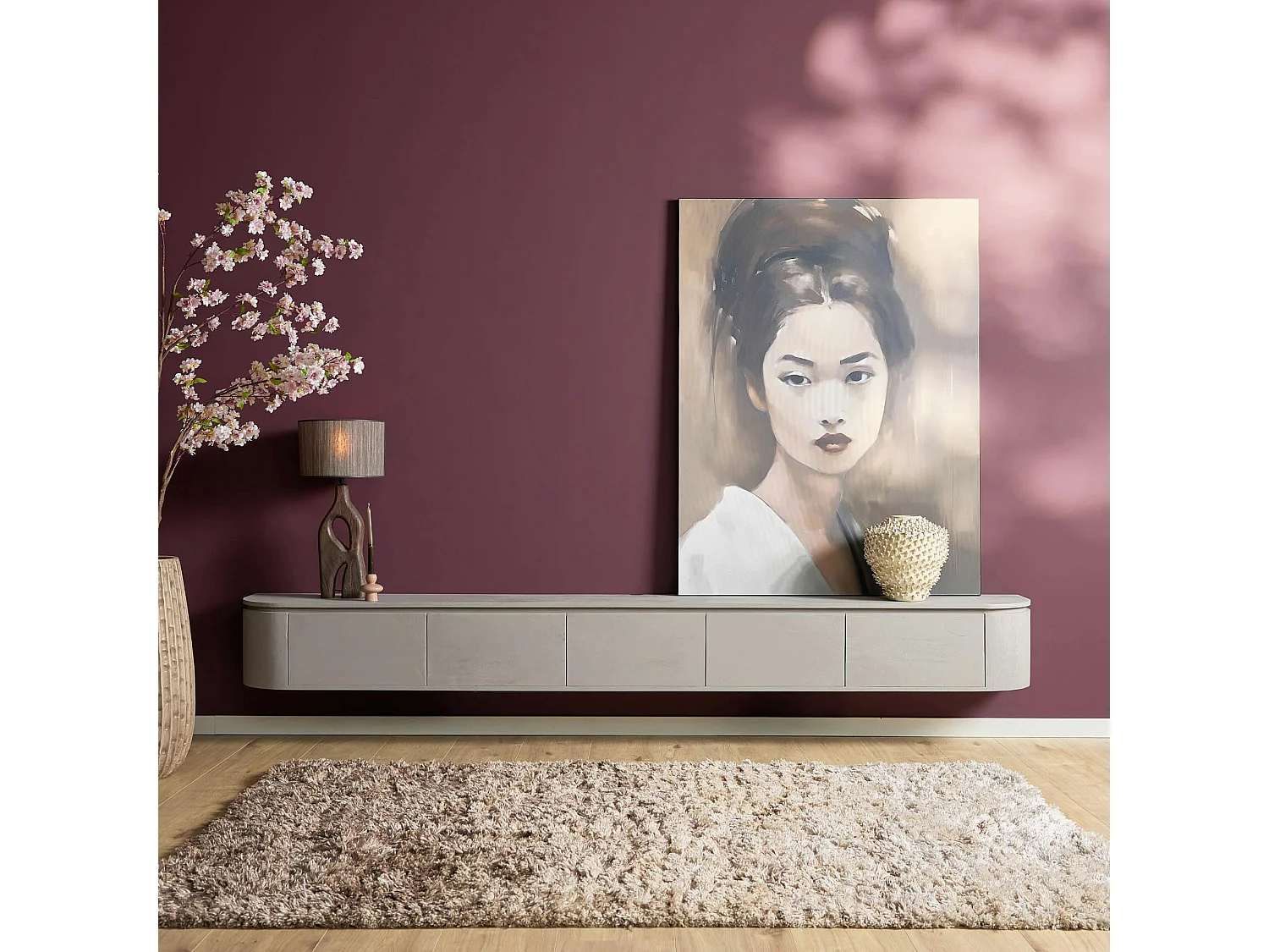 Long meuble TV suspendu bois gris 280 cm AREZZO