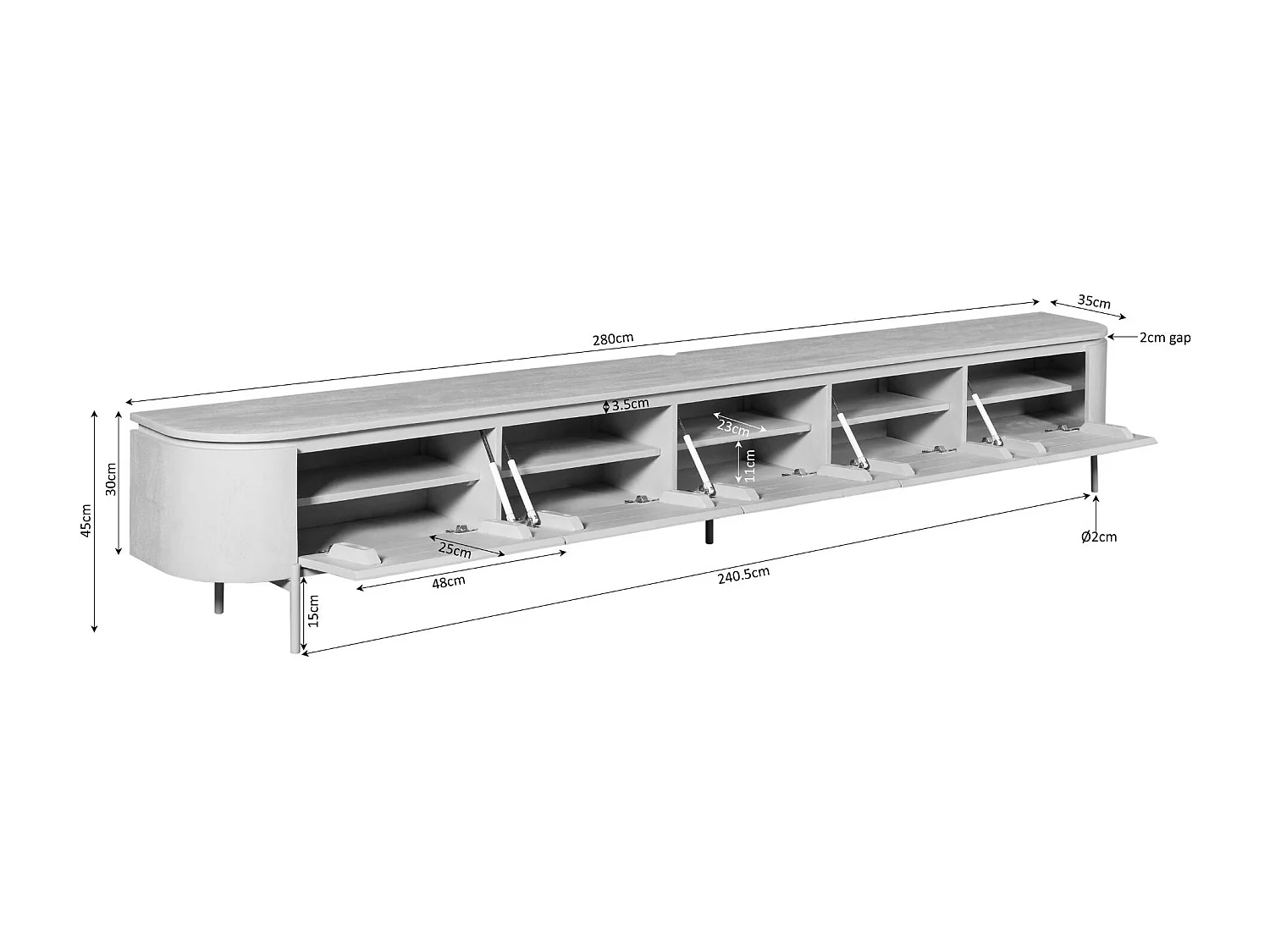 Long meuble TV suspendu bois gris 280 cm AREZZO