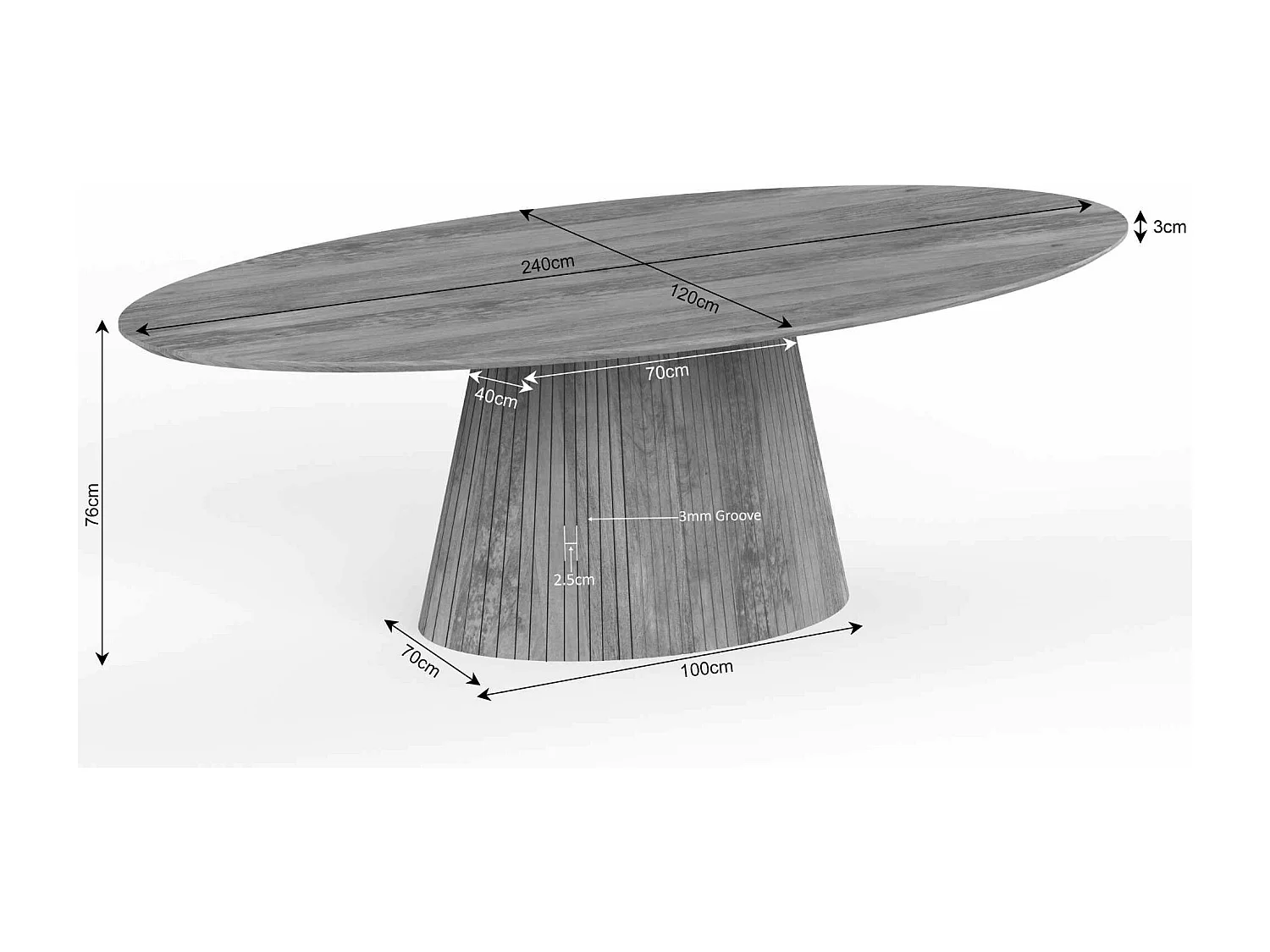 Table ovale bois gris à pied rainuré 240 cm CALERO