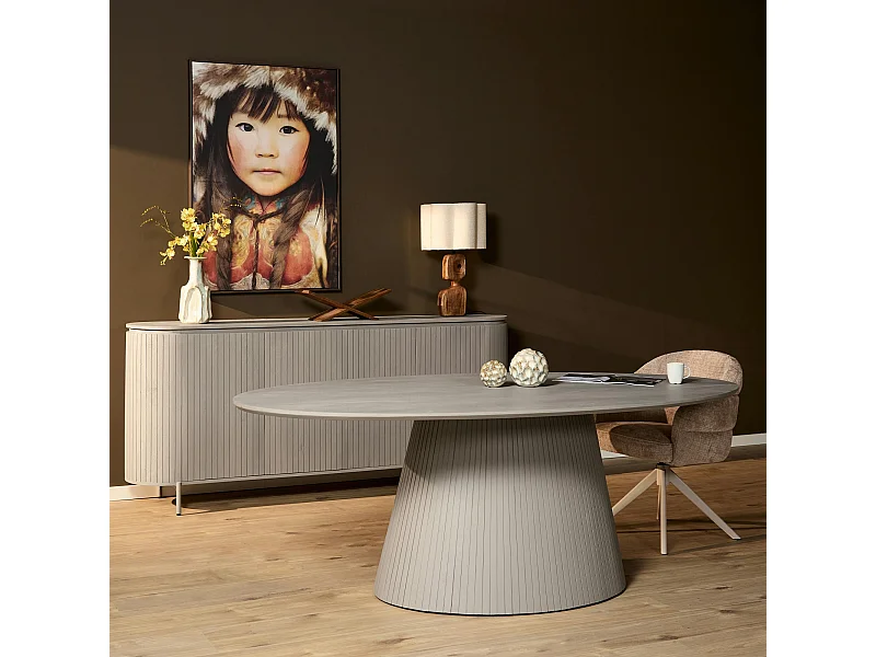 Table ovale bois gris à pied rainuré 240 cm CALERO