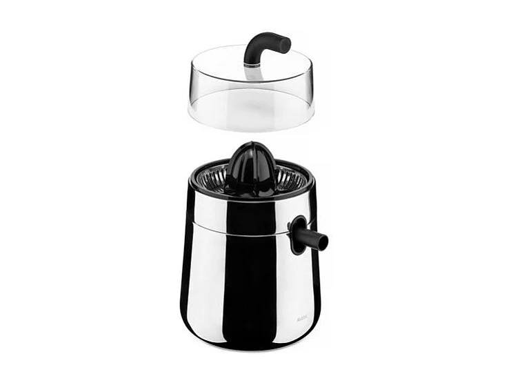 Elektrische Zitruspresse Alessi Toru aus Edelstahl, bidirektionale Rotation, tropfsicherer Ausguss, modernes silbernes Design