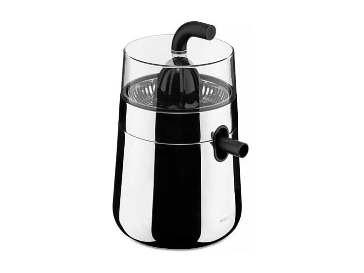 Elektrische Zitruspresse Alessi Toru aus Edelstahl, bidirektionale Rotation, tropfsicherer Ausguss, modernes silbernes Design