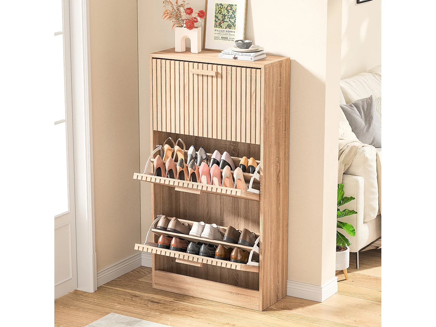 Meuble Chaussure Bois Rangement Placard 3 Portes Abattants Grande Capacité Aspect Bois, 60x24x113cm