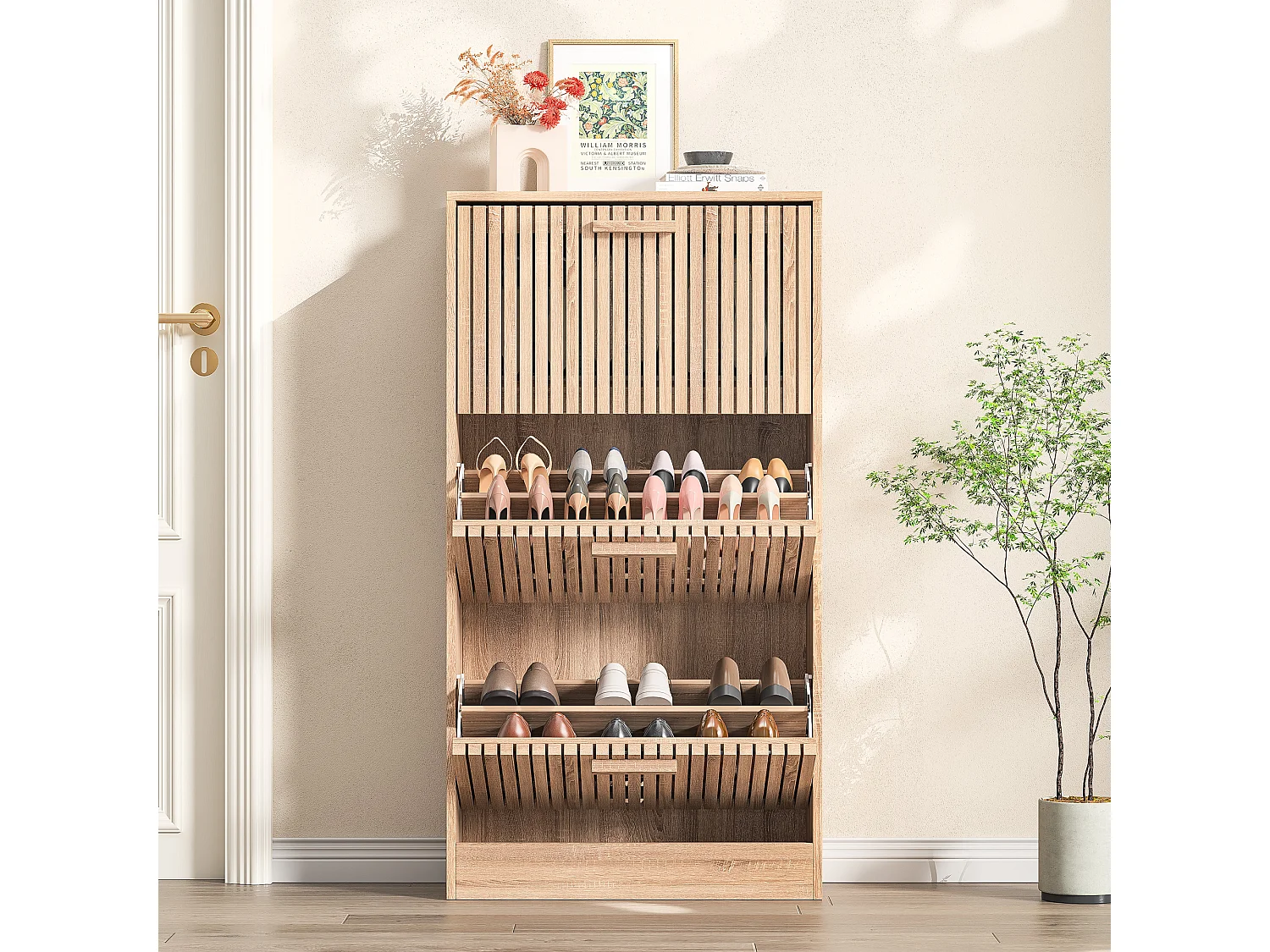 Meuble Chaussure Bois Rangement Placard 3 Portes Abattants Grande Capacité Aspect Bois, 60x24x113cm