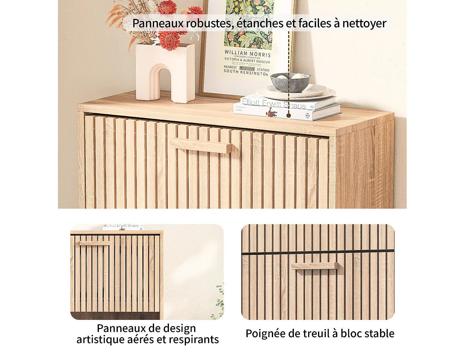 Meuble Chaussure Bois Rangement Placard 3 Portes Abattants Grande Capacité Aspect Bois, 60x24x113cm
