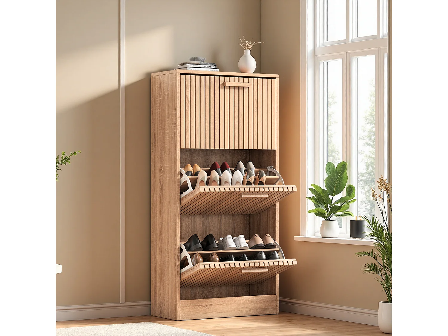 Meuble à Chaussures Slim en Bois Naturel - Armoire à Chaussures avec 3 Portes - avec Dispositif Anti-basculement, 60x24x113cm